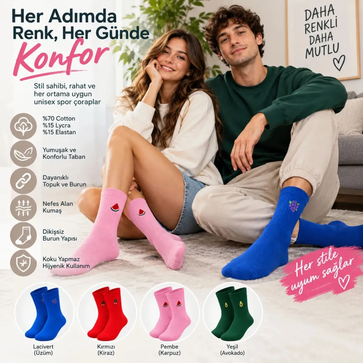 Kadın Çorap Meyve Nakışlı Renkli 4'lü Set Üzüm Kiraz Karpuz Avokado Desenli Günlük Uzun Soket Çorabı görseli