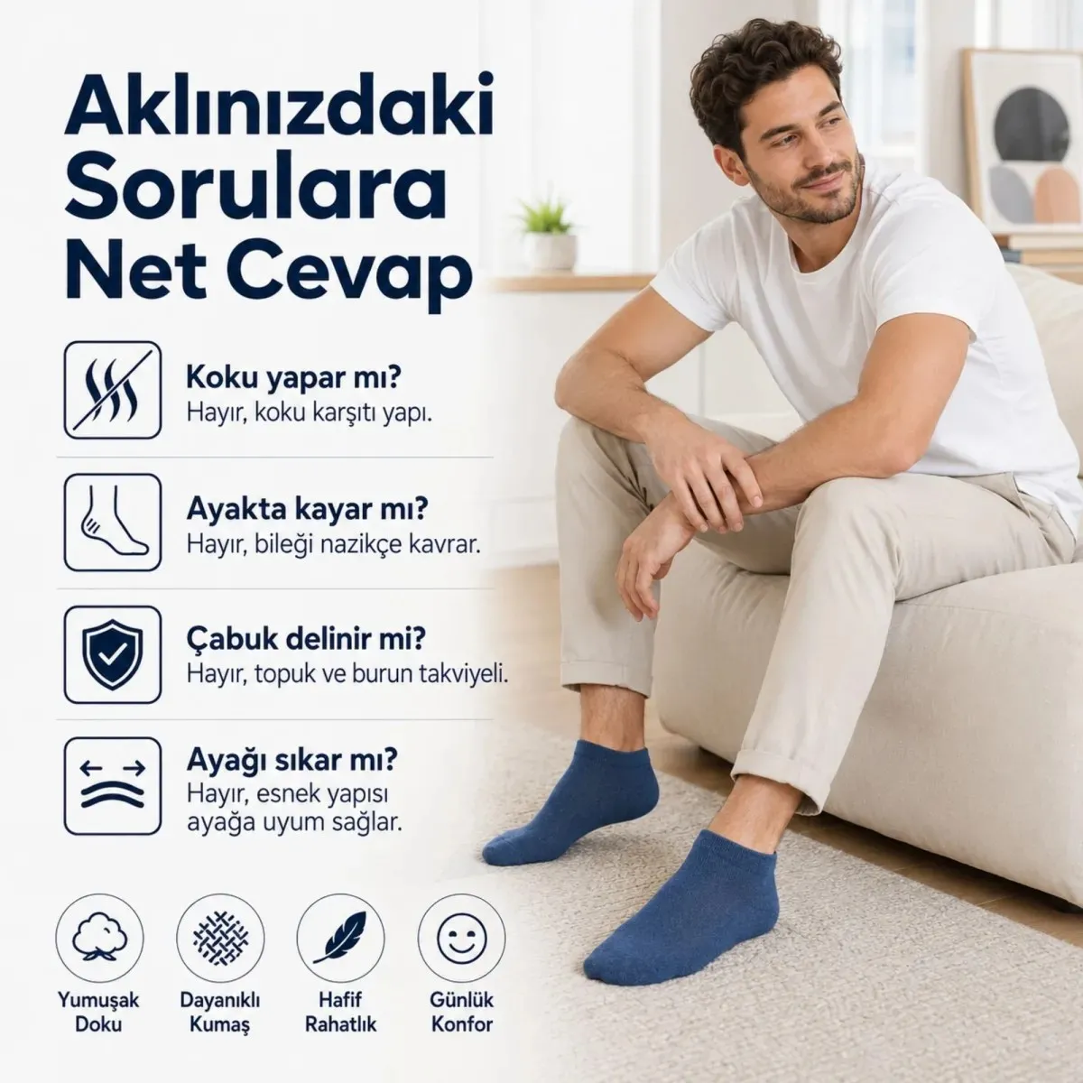 Erkek Pamuklu Patik Çorap 10'lu 39-44 | Dikişsiz Burun, Koku Karşıtı, Nefes Alan Sneaker görseli