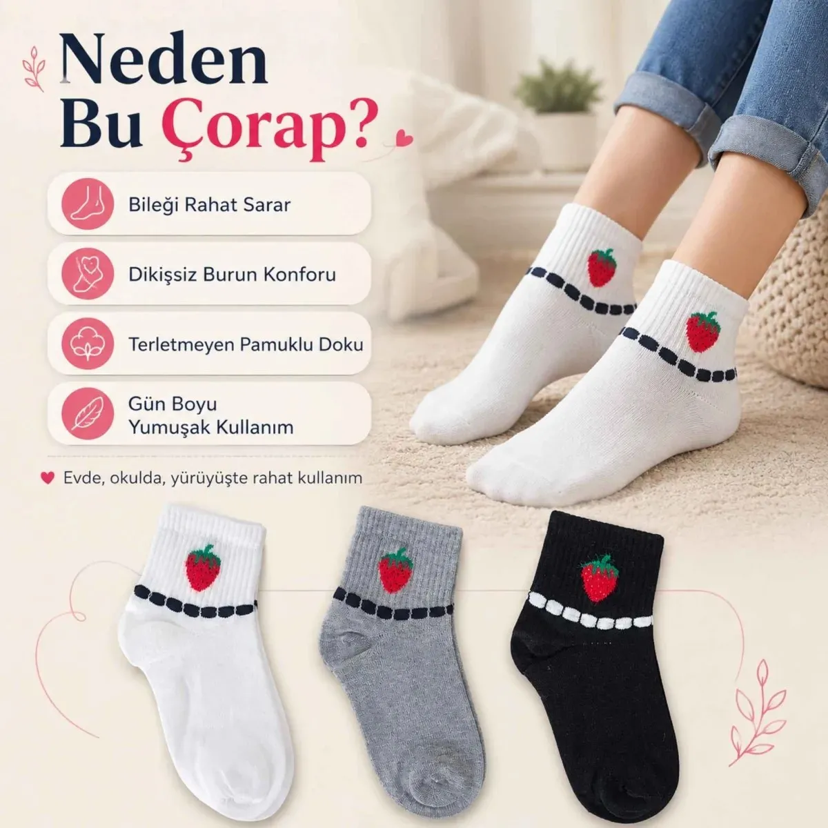 Kadın Çilek Desenli Kısa Konç Çorap 12'li | %80 Pamuklu Dikişsiz, Siyah Beyaz Gri görseli