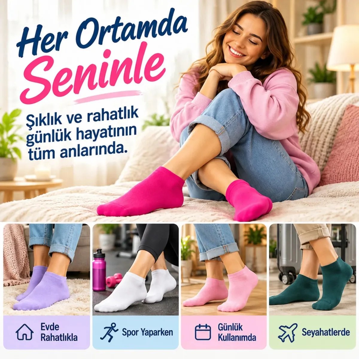 Kadın Yıkamalı Dikişsiz Patik Çorap 12'li Kutulu Set | Renkli Günlük Sneaker Çorabı Hediyelik Paket! görseli