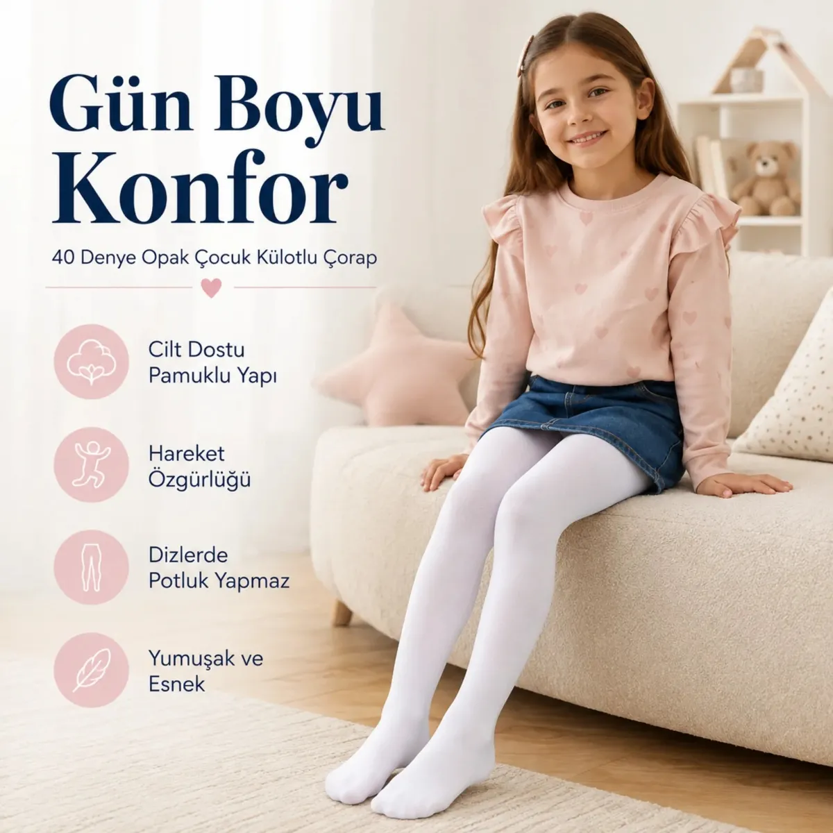 Kız Çocuk Beyaz 40 Denye Pamuklu Opak Külotlu Çorap Okul Bale ve Özel Gün Çorabı görseli