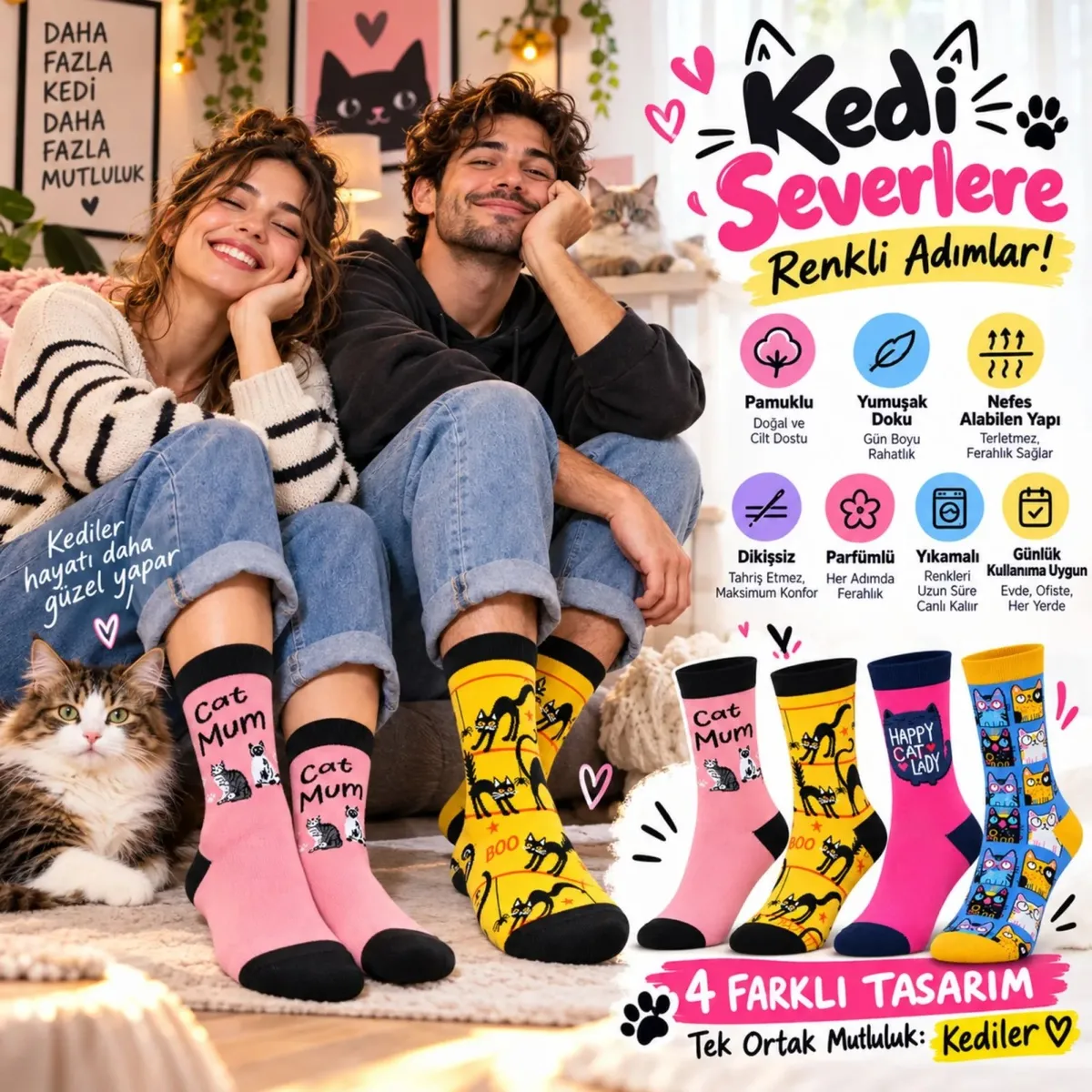 Unisex Kedi Desenli Soket Çorap 8'li Set | Renkli Cat Mum Happy Cat Lady Eğlenceli Günlük Spor Çorap görseli