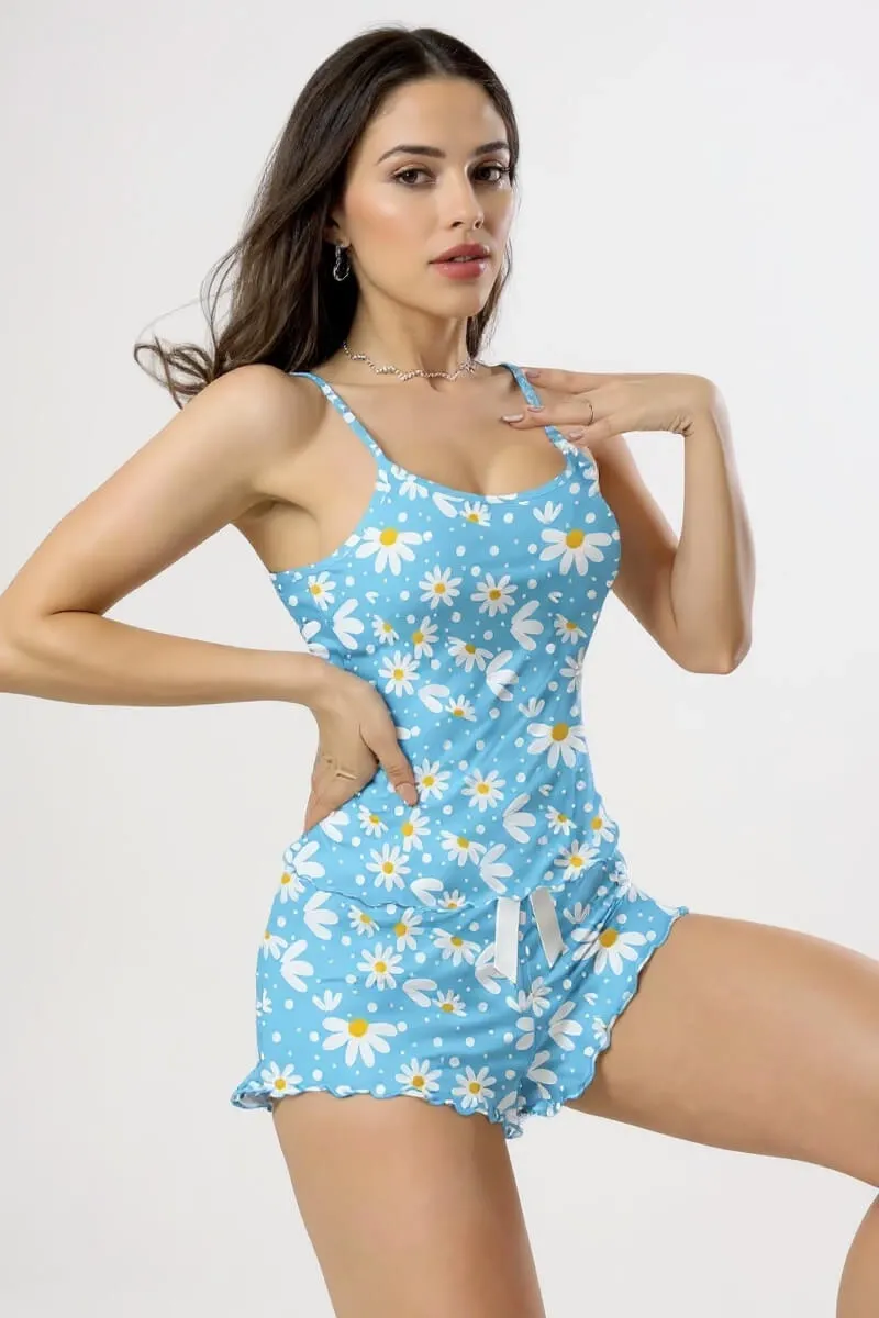 Papatya Baskılı Mavi Askılı Şortlu Pijama Takımı görseli
