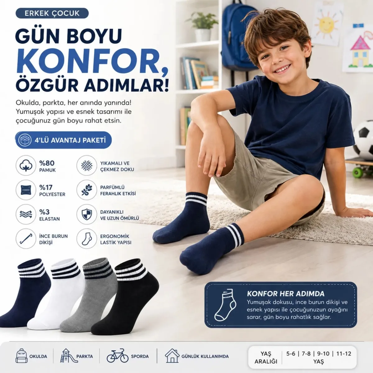 Erkek Çocuk Pamuklu Çizgili Patik Çorap 4'lü | Nefes Alan Esnek Okul Günlük Spor Çorabı görseli