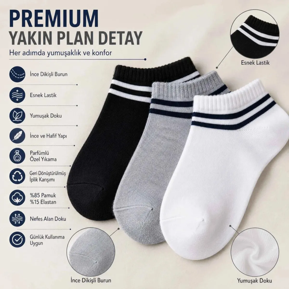 Unisex Çizgili Patik Çorap 12'lı | %85 Pamuklu Geri Dönüşüm İplikli, İnce Dikişli Spor görseli