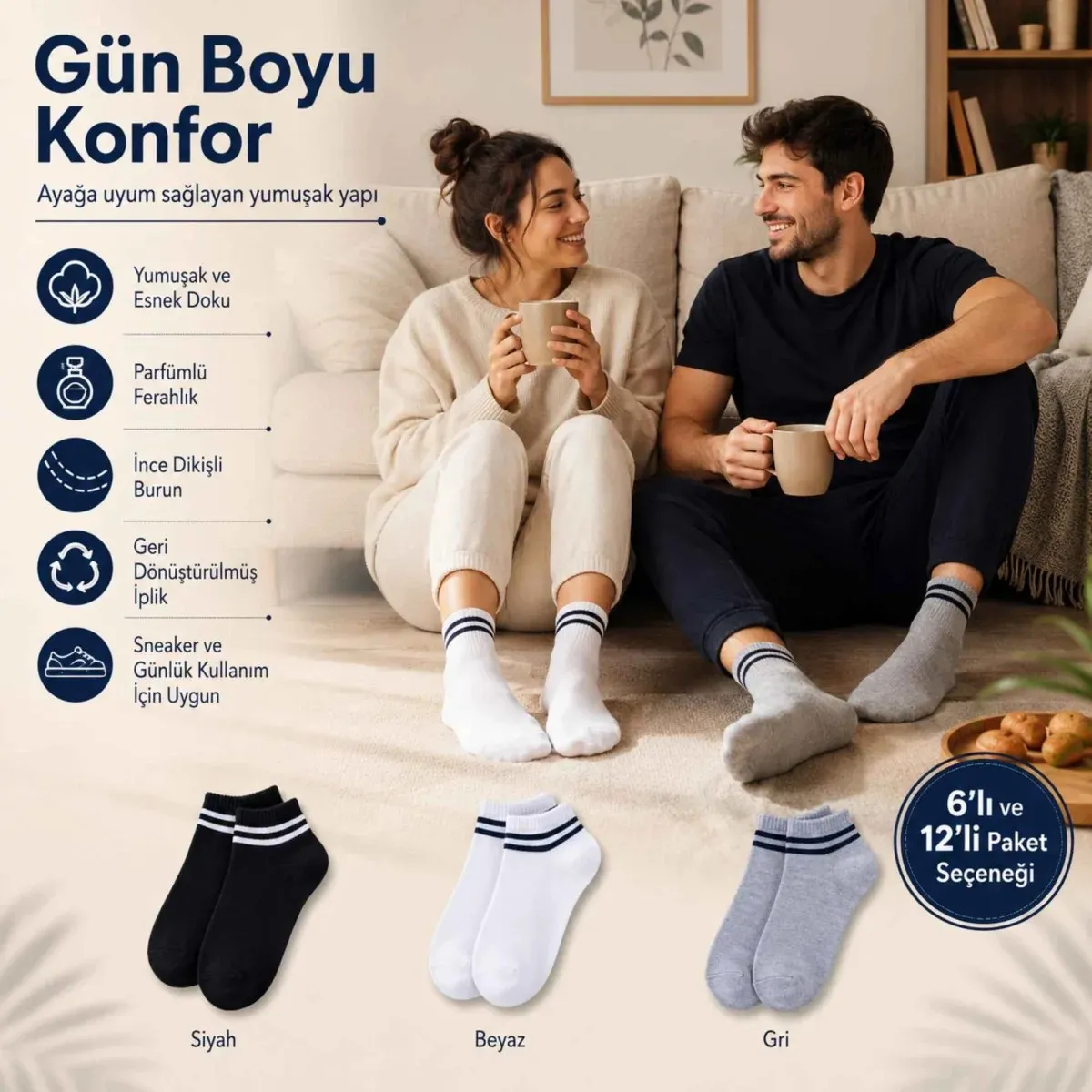 Unisex Çizgili Patik Çorap 6'lı | %85 Pamuklu Geri Dönüşüm İplikli, İnce Dikişli Spor görseli