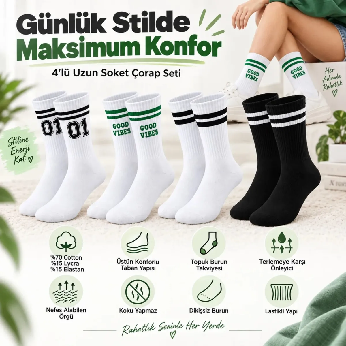Unisex Çorap Çizgili 8'li Set 07 Good Vibes yazılı Siyah Beyaz Uzun Soket Spor Kolej Stil Çorap görseli