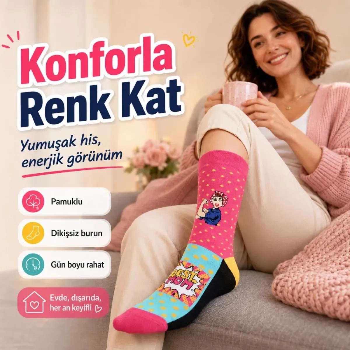 Best Mom Kadın Çorabı 36-40 Pamuklu Dikişsiz Burun Pop Art Desenli Renkli Soket Hediyelik Çorap görseli