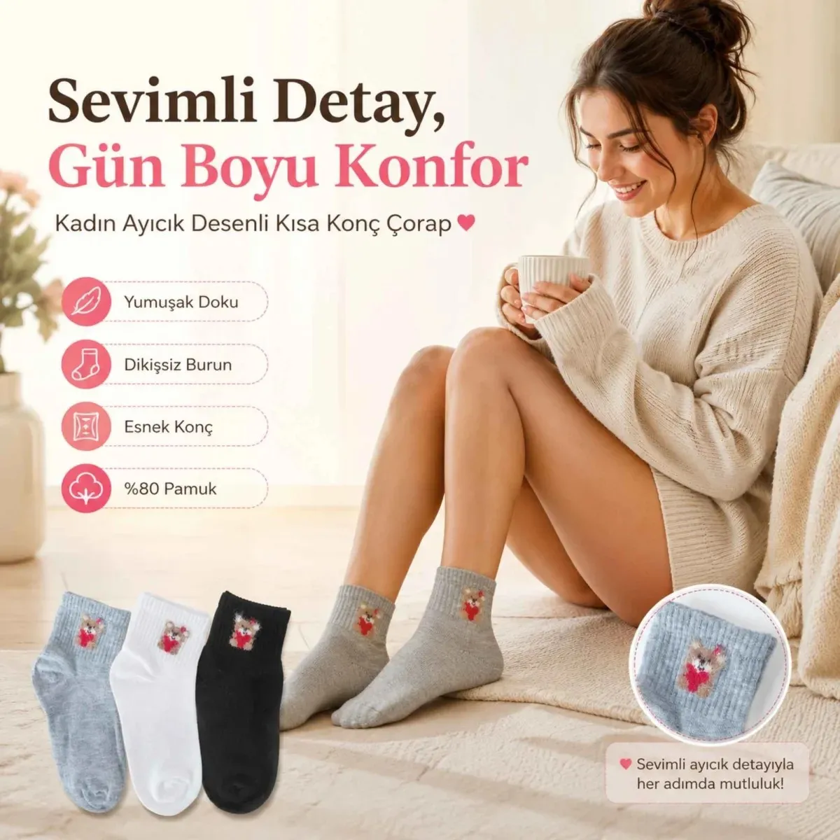 Kadın Ayıcık Desenli Kısa Konç Çorap 12'li | %80 Pamuklu Dikişsiz, Siyah Beyaz Gri görseli