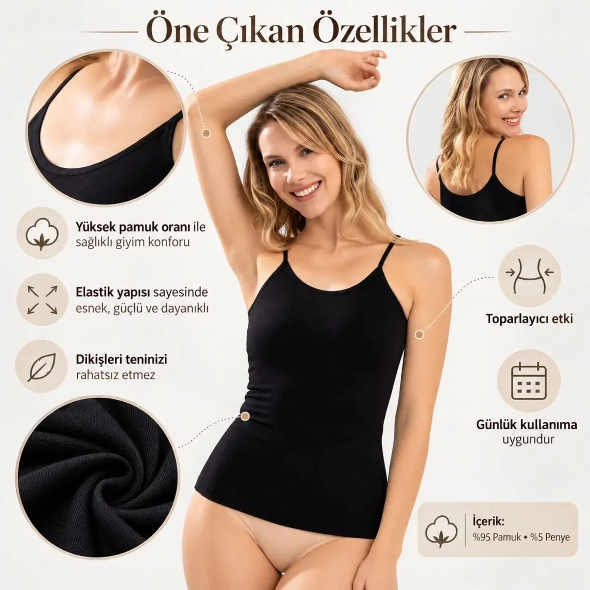 Kadın Pamuklu İnce İp Askılı Derin Oval Yaka Düz Penye Atlet Siyah Beyaz | Günlük Rahatlık ve Şıklık görseli