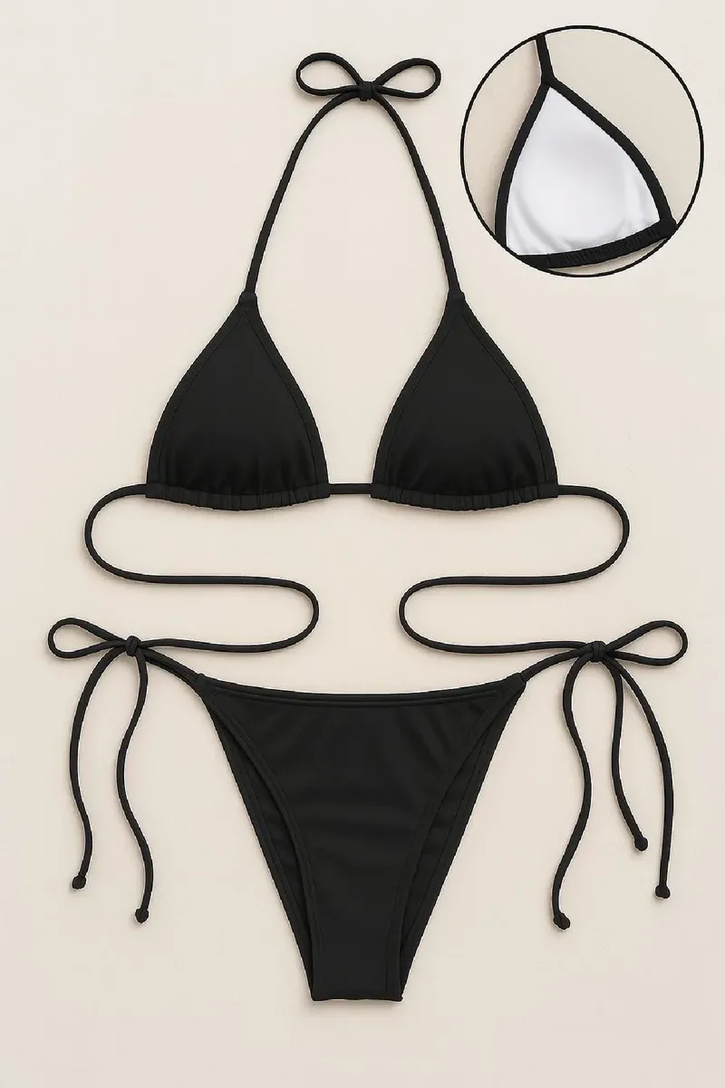 Kadın Siyah Yandan ve Boyundan Bağlamalı Bikini Mayo Takımı – Modern, Konforlu ve Günlük Kombinlere Uygun görseli