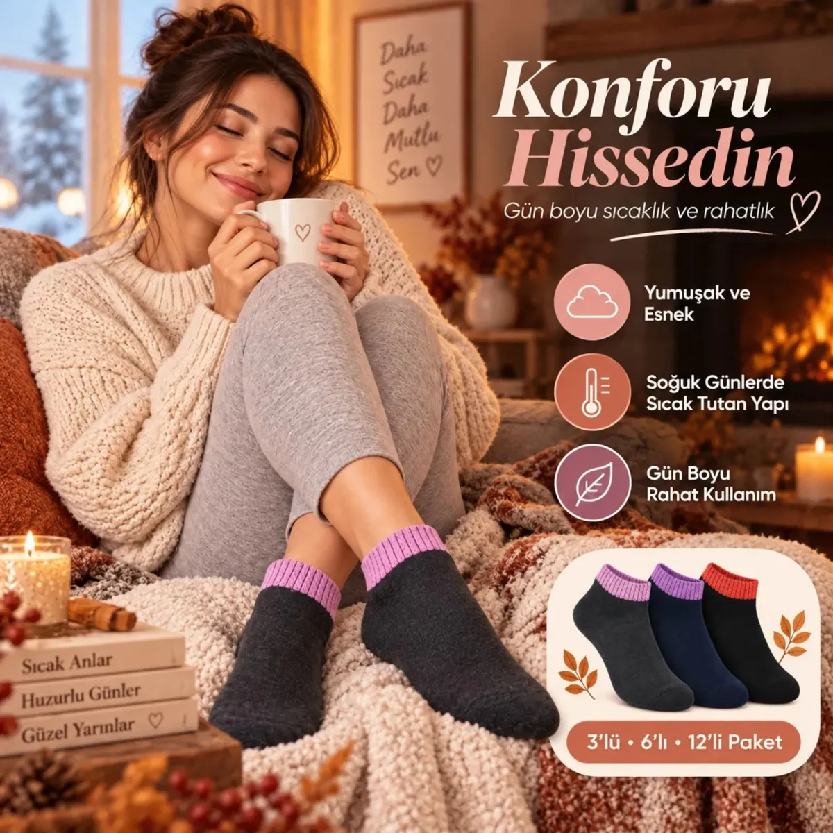 Kadın Havlu 3'lü Çorap Kısa Konç Dikişsiz Burun Sıcak Tutan Yumuşak Kışlık Çorap Seti görseli