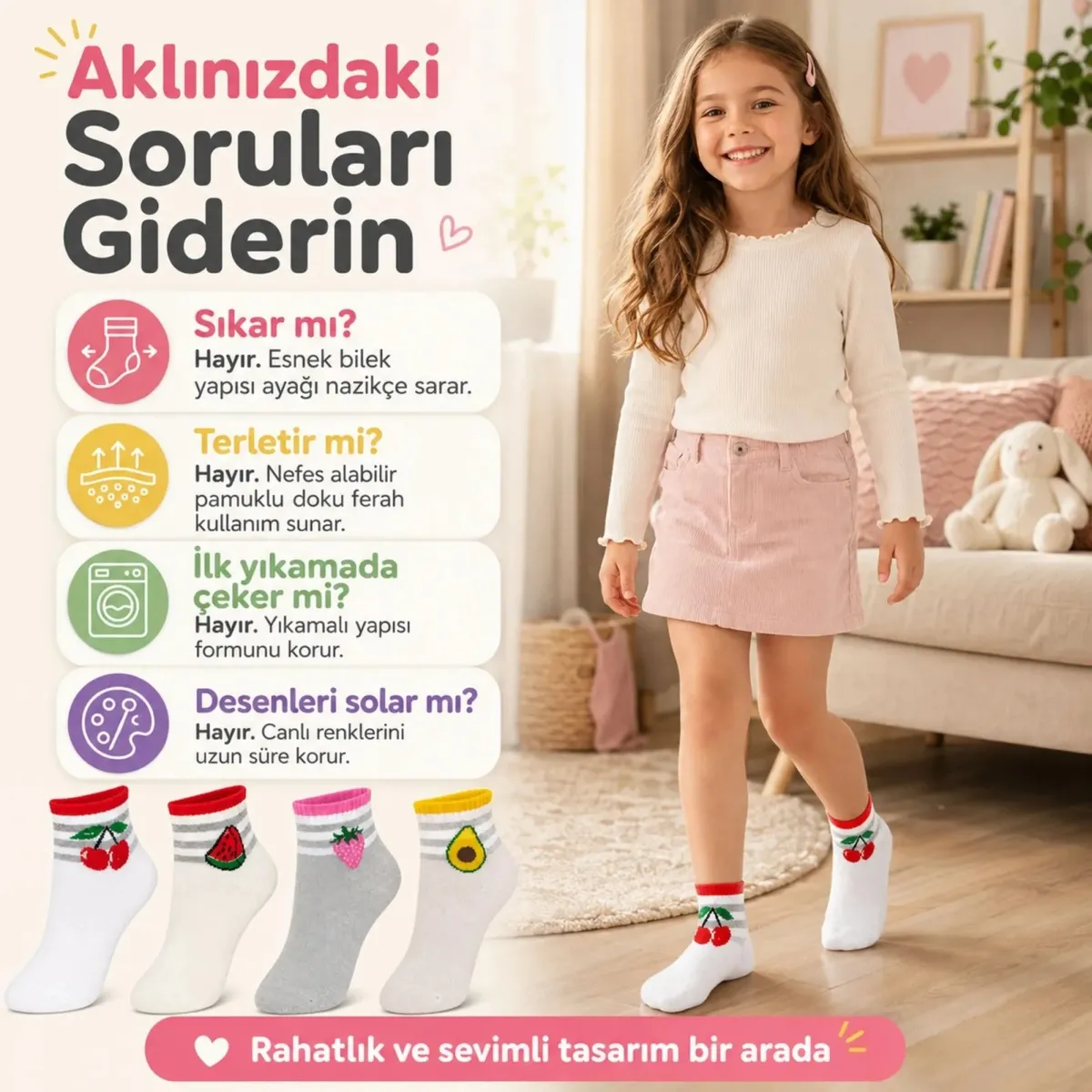 Kız Çocuk Pamuklu 8'li Meyve Desenli Çorap Kiraz Karpuz Çilek Avokado Günlük Bilek Çorabı görseli