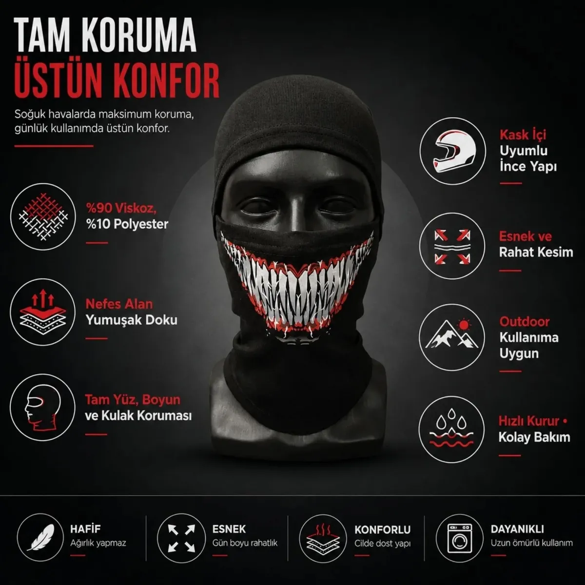 Unisex Tam Yüz Balaklava Diş Desenli Kışlık Maske Nefes Alan Esnek Kask Altı Boyunluk Yumuşak Viskoz görseli