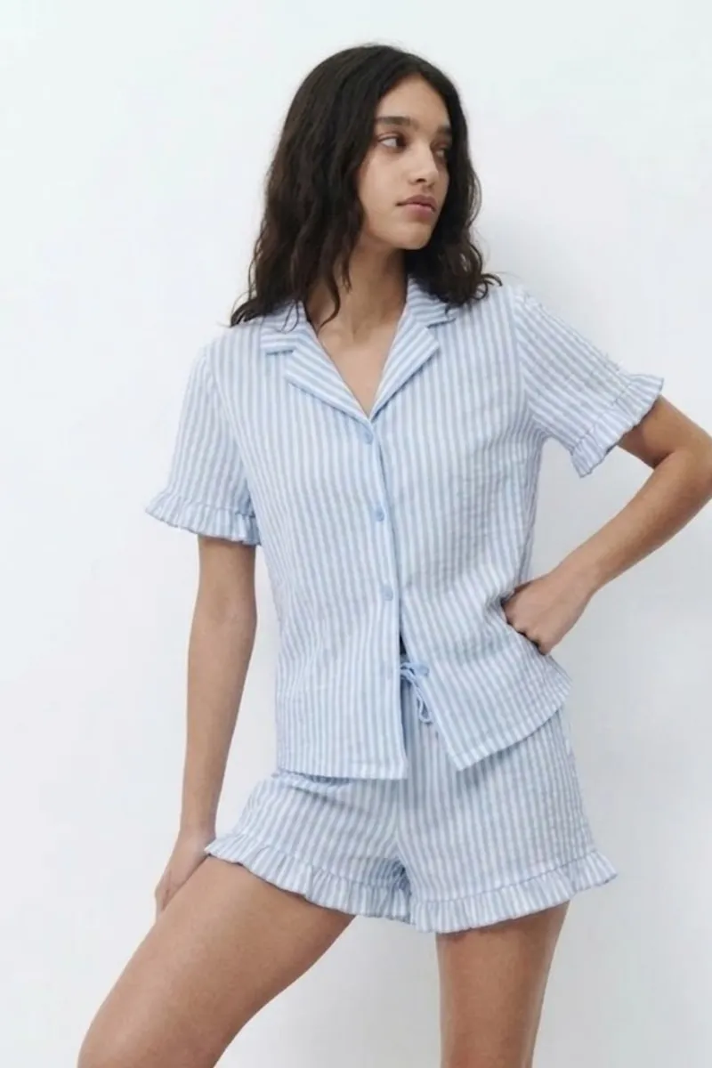 Kadın Desenli Trend Mavi Pijama Takımı görseli