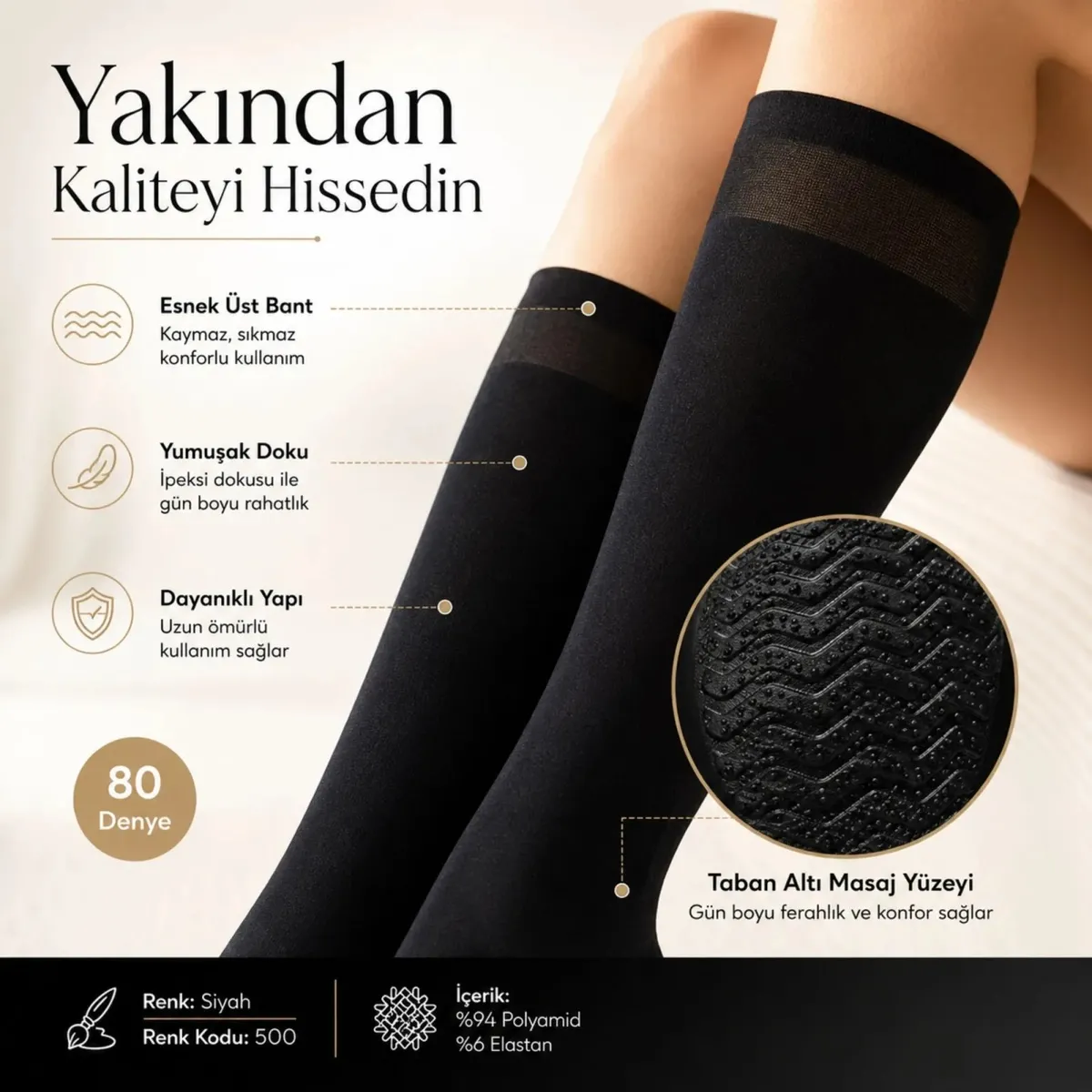 Kadın 4'lü Set Anne Masaj Tabanlı Dizaltı Çorap 80 Denye Esnek Rahat Günlük Kullanım görseli