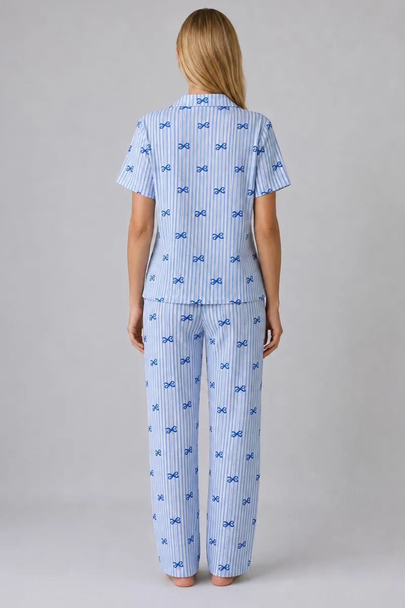 Mavi Kurdele Desenli Çizgili Bürümcük Pijama Takımı 4645-Mavi görseli