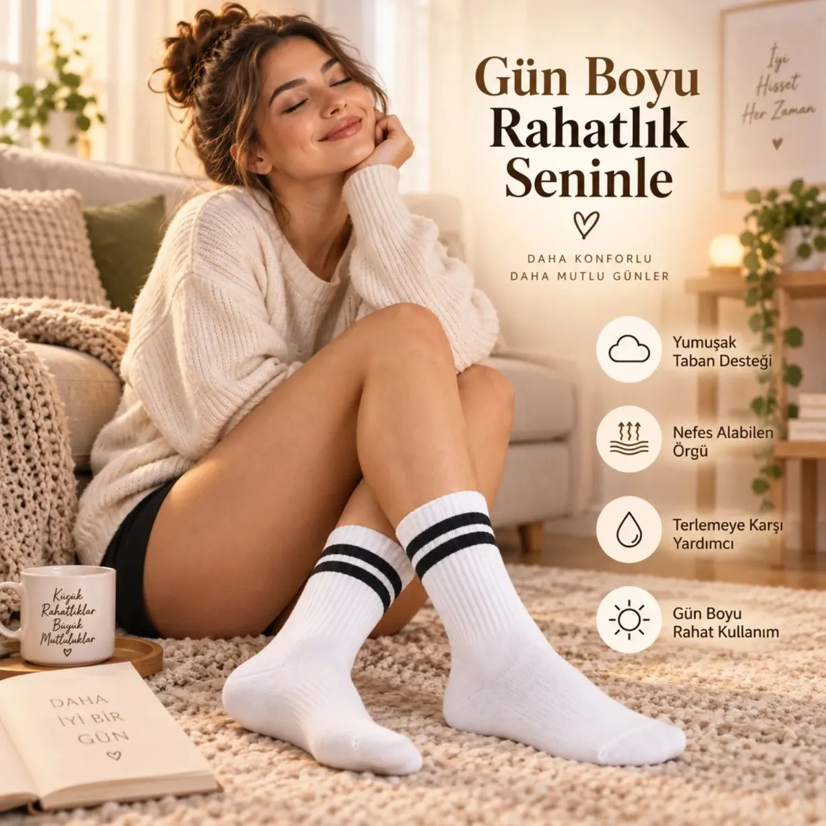 Unisex Beyaz Çorap Siyah Çizgili 6'lı Set Uzun Soket Günlük Spor Kolej Stil Rahat Kadın Erkek Çorabı görseli