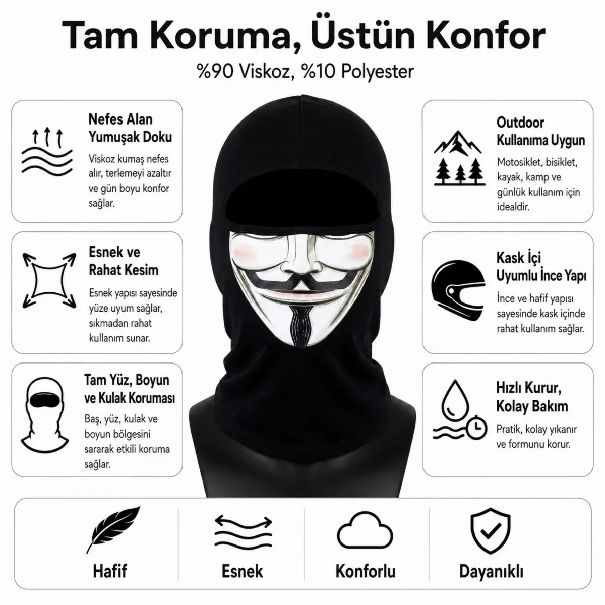 Unisex Baskılı Balaklava 1 Adet Tek Beden Viskoz Kask İçi Motosiklet Maskesi görseli