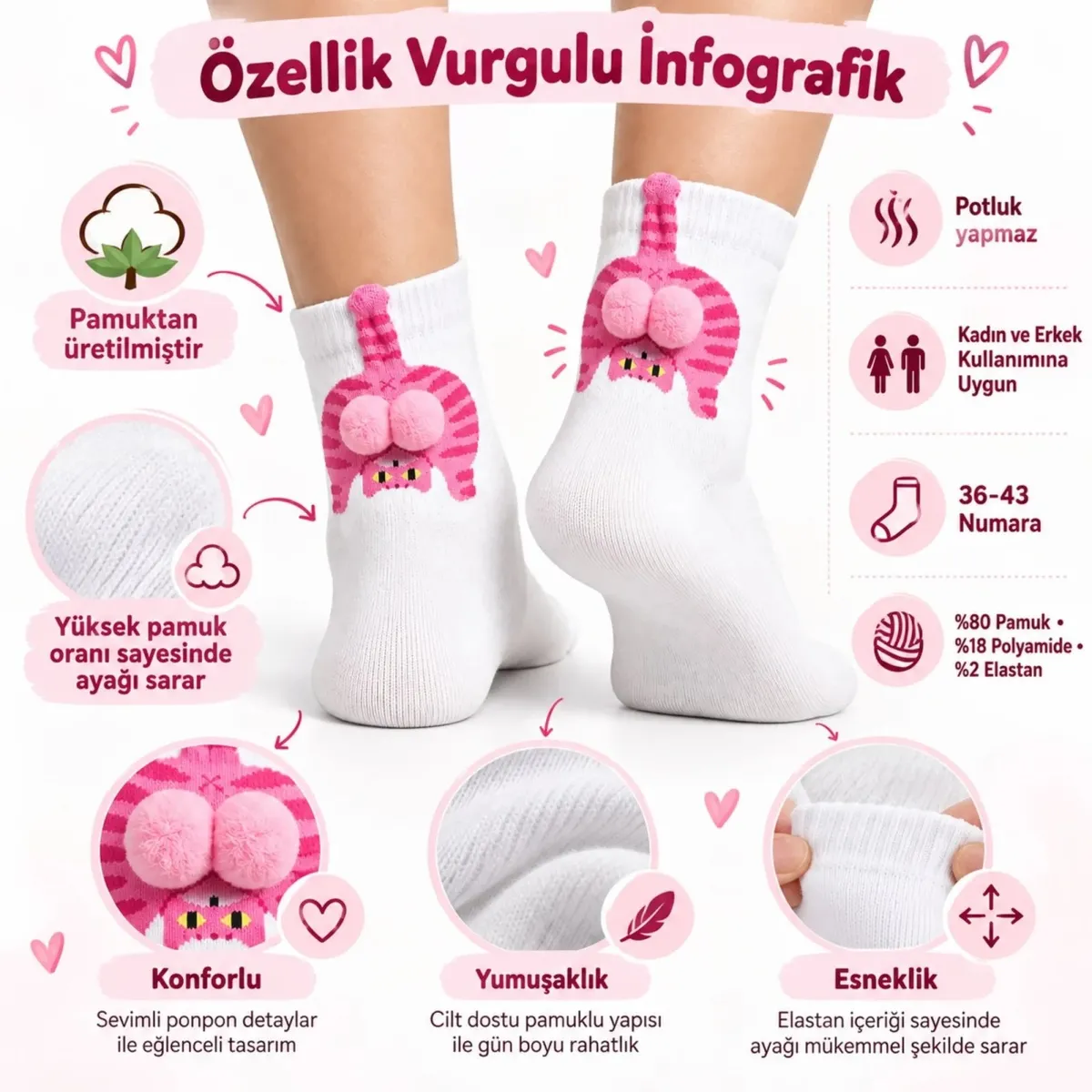 Kadın Beyaz Pembe Kedi Desenli Ponponlu Soket Çorap | Sevimli 3D Kedi Figürlü Eğlenceli Günlük Çorap görseli