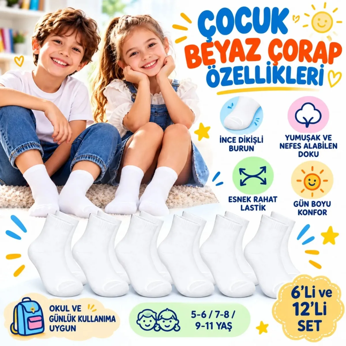 Çocuk Beyaz Çorap 6'lı Set İnce Dikişli Yumuşak Nefes Alabilen Okul Günlük Rahat Çorap 5-11 Yaş Seti görseli