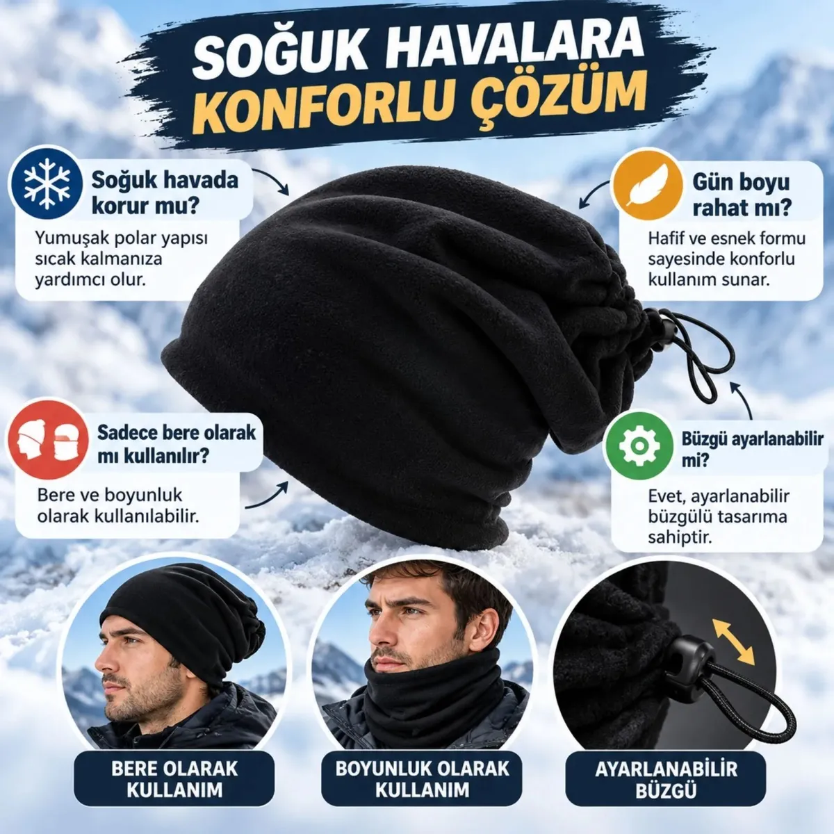 Unisex Polar Bere Boyunluk 2'si 1 Arada Ayarlanabilir Büzgülü Sıcak Tutan Kışlık Siyah Günlük Konfor görseli