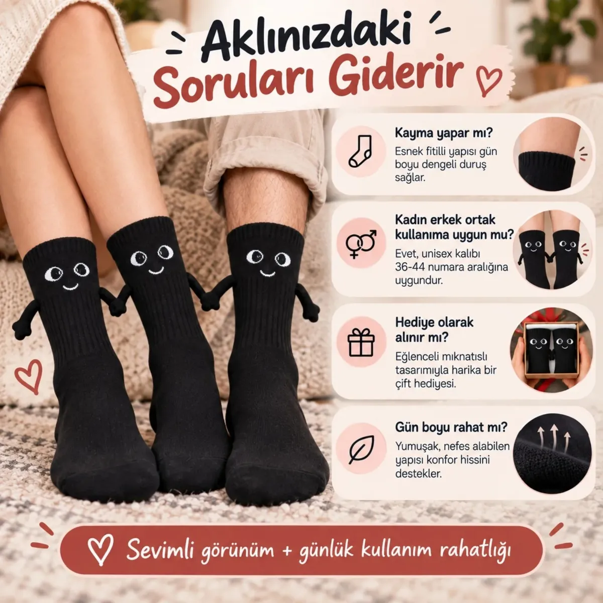 Mıknatıslı El Ele Unisex Tutuşan Sevimli Çorap 36-44 | Çift Hediyesi, Pamuklu Renkli Crew Model görseli