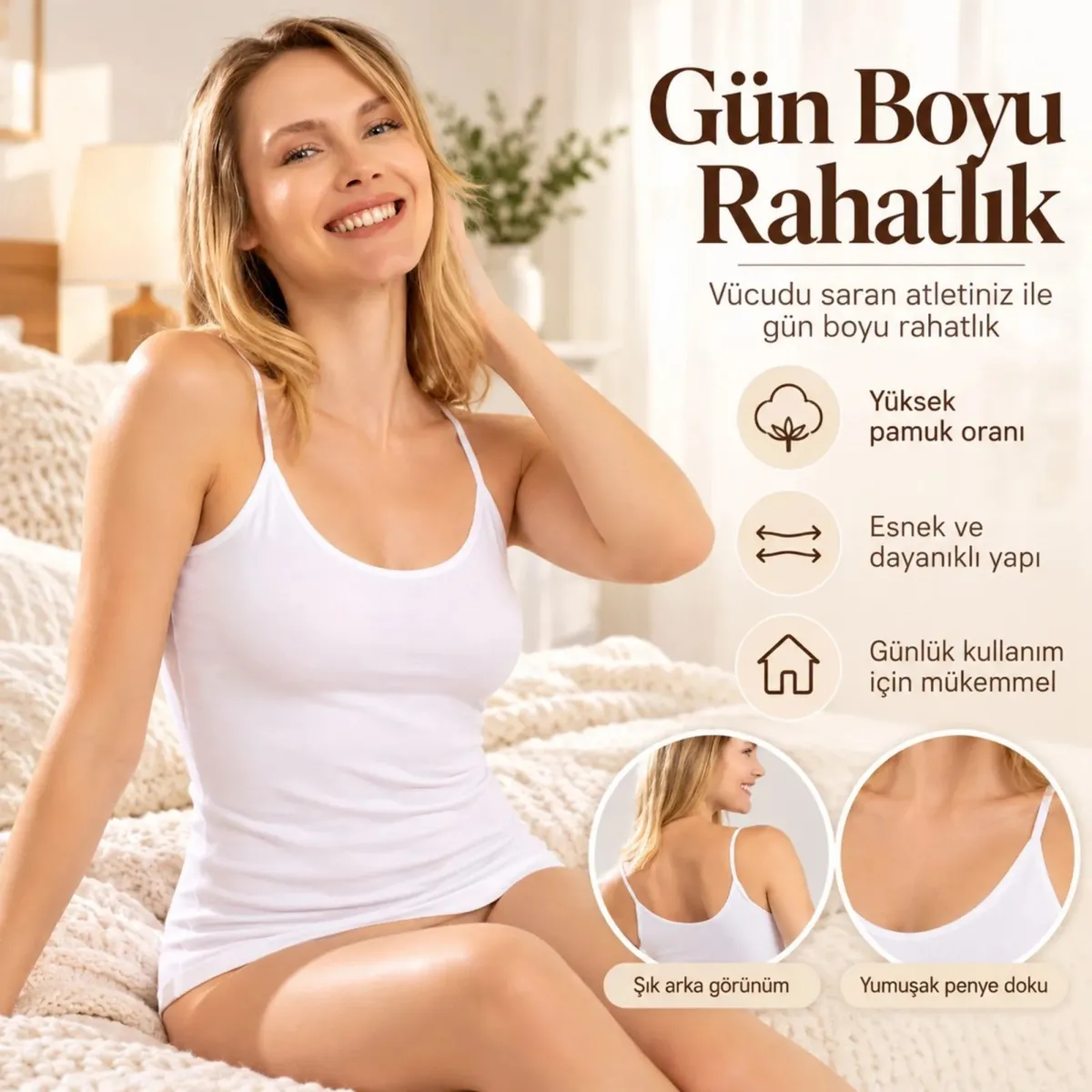Kadın Pamuklu İnce İp Askılı Derin Oval Yaka Düz Penye Atlet Siyah Beyaz | Günlük Rahatlık ve Şıklık görseli