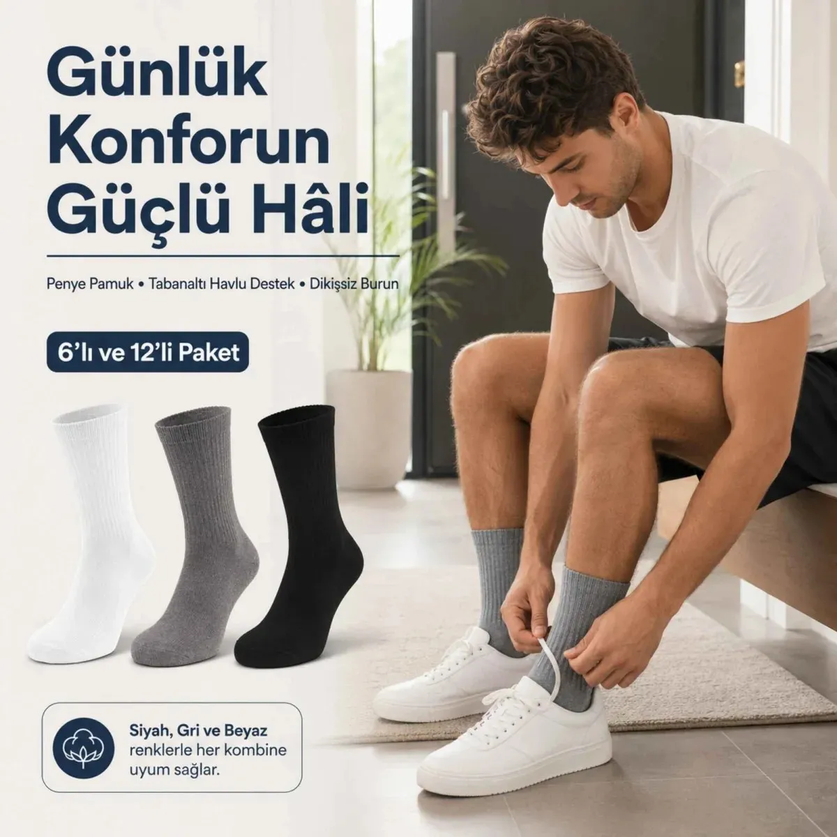 Erkek Spor Çorap 6'lı | Penye Pamuklu Havlu Tabanlı Uzun Konç, Dikişsiz Burun, Siyah Gri Beyaz görseli
