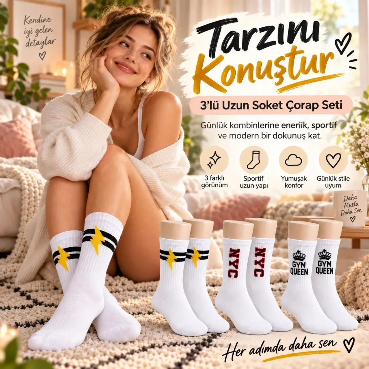 Kadın Spor Çorap Beyaz Yazılı 3'lü Set Uzun Soket Pamuklu Dikişsiz Nefes Alan Spor Konforlu Çoraplar görseli