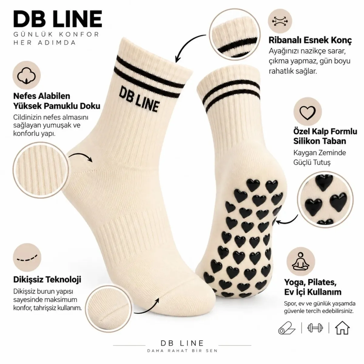 DB LINE Kaydırmaz Yoga Pilates Çorabı | Pamuklu Silikon Taban, Barre Stüdyo Spor görseli