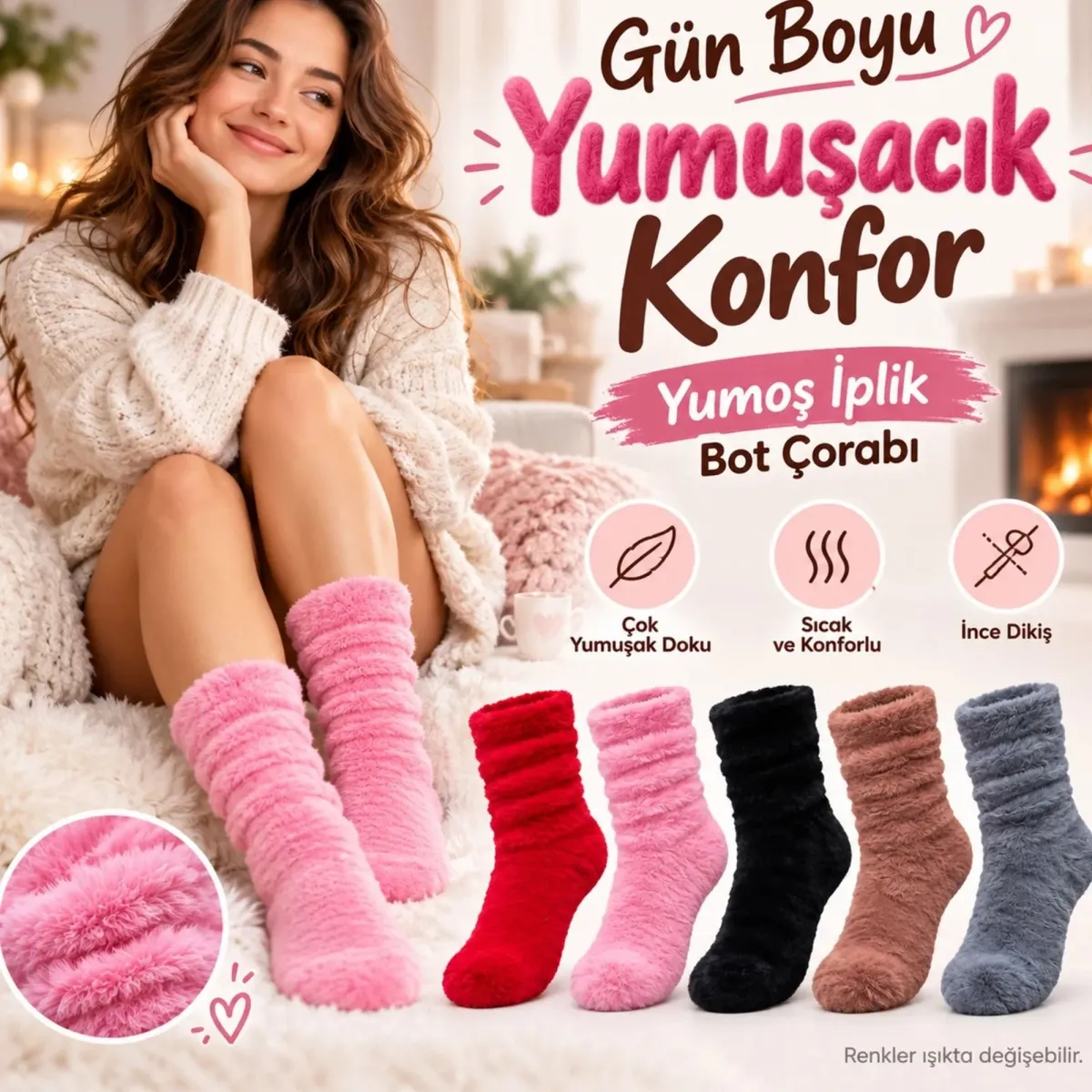 Kadın 3'lü Peluş Bot Çorap Seti | Kırmızı Pembe Siyah Yumuşacık Tüylü Büzgülü Rahat Kışlık Ev Çorabı