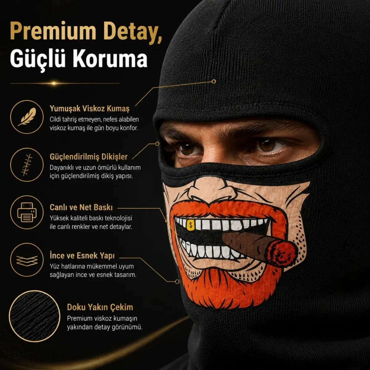 Unisex Sakallı Puro Baskılı Balaklava 1 Adet Tek Beden Viskoz Kask İçi Outdoor Maske görseli