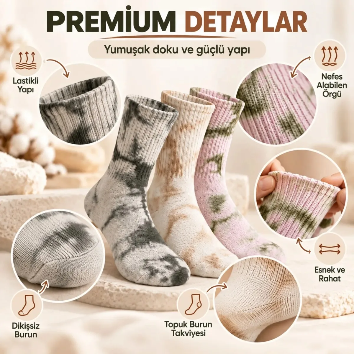 Unisex Batik Desenli Çorap 6'lı Set Pamuklu Uzun Soket Dikişsiz Nefes Alan Günlük Spor Konfor Çorabı görseli
