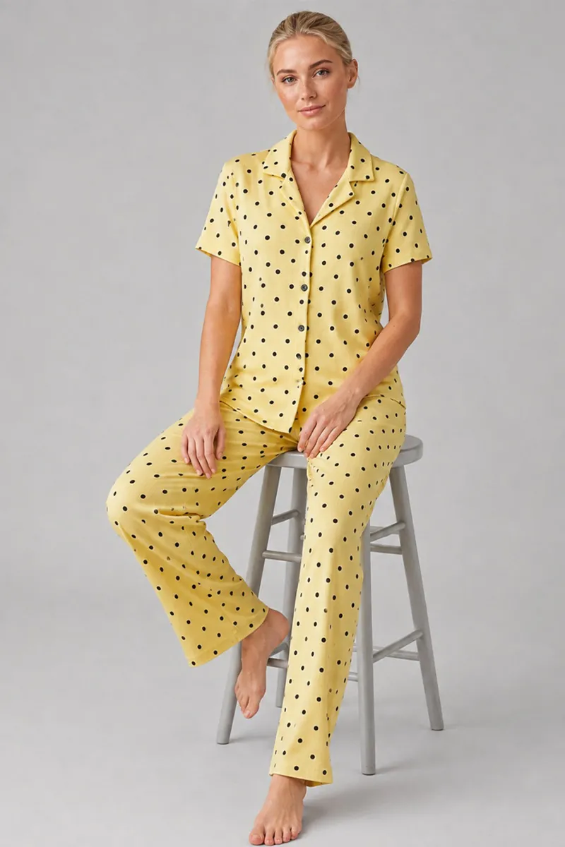 Sarı Puantiyeli Düğmeli Pijama Takımı 4642-Sarı görseli
