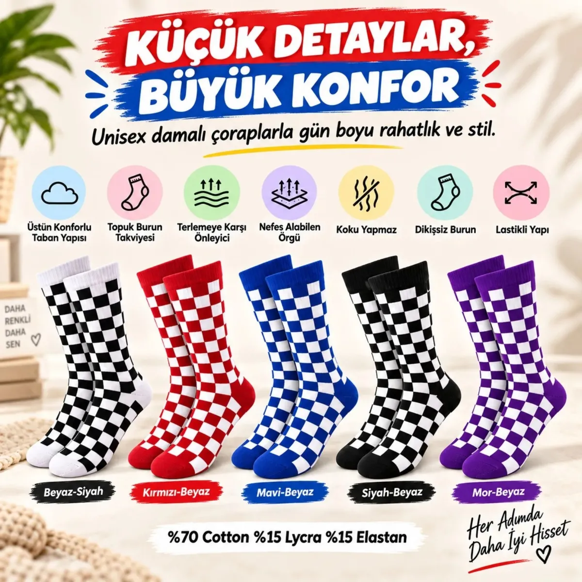 UNİSEX Çorap Dama Desenli Renkli 5'li Set Kareli Uzun Soket Günlük Spor Eğlenceli Rahat Çorap Seti görseli