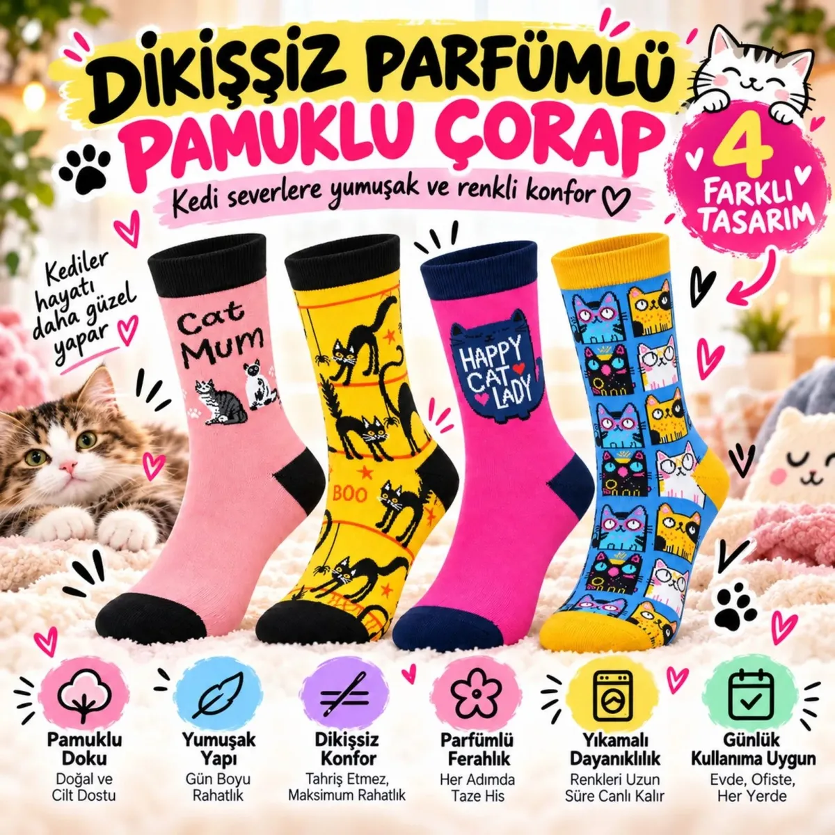 Unisex Kedi Desenli Soket Çorap 8'li Set | Renkli Cat Mum Happy Cat Lady Eğlenceli Günlük Spor Çorap