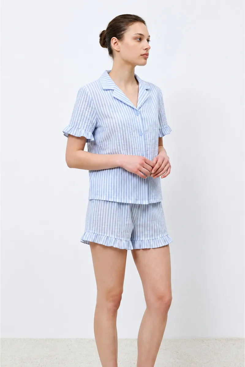 Kadın Premium Fırfırlı Mavi Pijama Takımı görseli