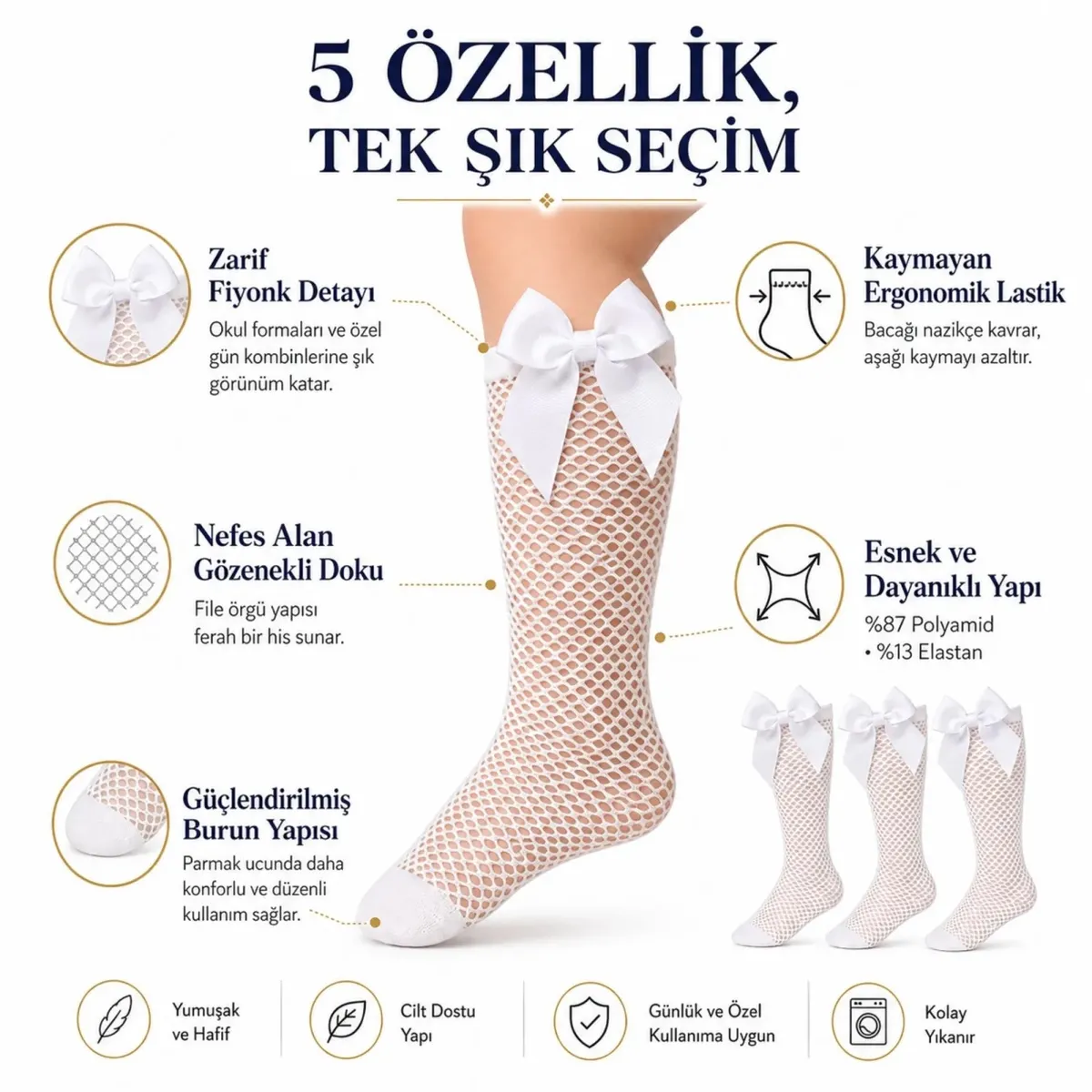 Kız Çocuk Beyaz File Dizaltı Çorap Fiyonklu 3'lü Paket Okul Tören Bayram Gösteri Çorabı
