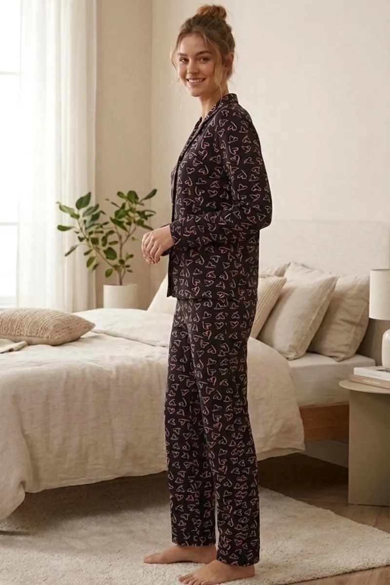 Pembe Kalp Desenli Uzun Kollu Pijama Takımı 4602 -Siyah görseli