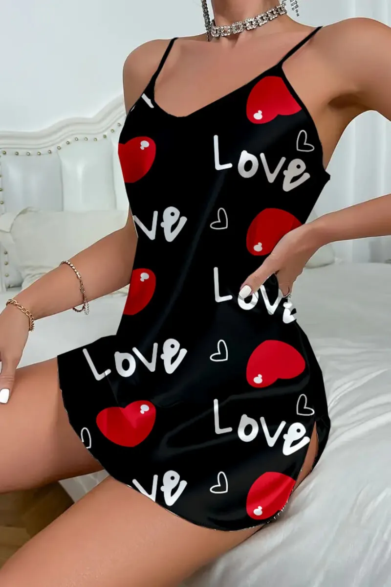 Love Desenli Siyah Saten Gecelik görseli