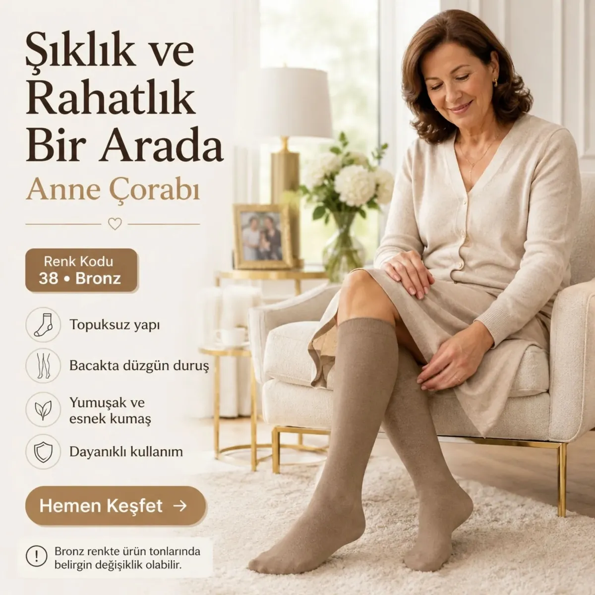 Kadın 70 Denye Kalın Anne Çorabı 12'li | Dizaltı Topuksuz Esnek, Ten Siyah Bronz Vizon görseli