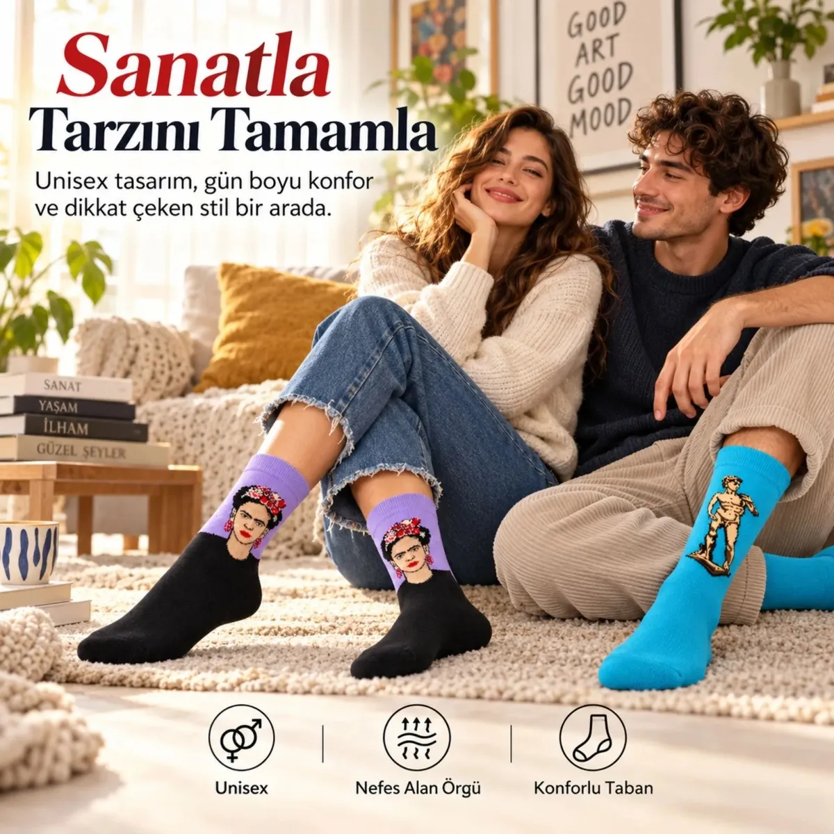 UNİSEX Çorap Sanat Temalı Renkli 7'li Set Portre Tablo Desenli Uzun Soket Günlük Eğlenceli Çorap Şık görseli