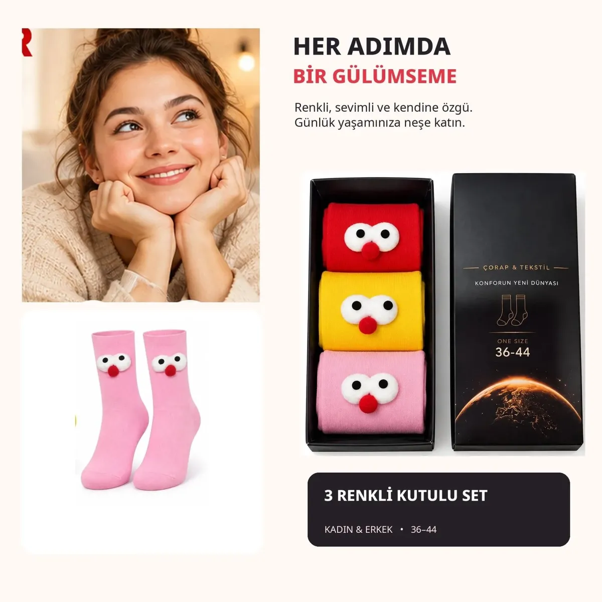 Kadın 3'lü Kutulu 3D Gözlü Soket Çorap Seti | Kırmızı, Sarı, Pembe Eğlenceli Hediyelik Çorap Paketi! görseli
