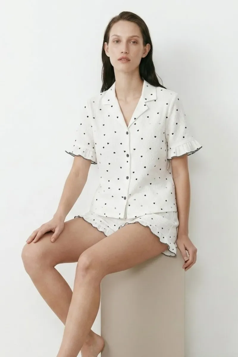 Kadın Relaxed Lastikli Beyaz Pijama Takımı görseli
