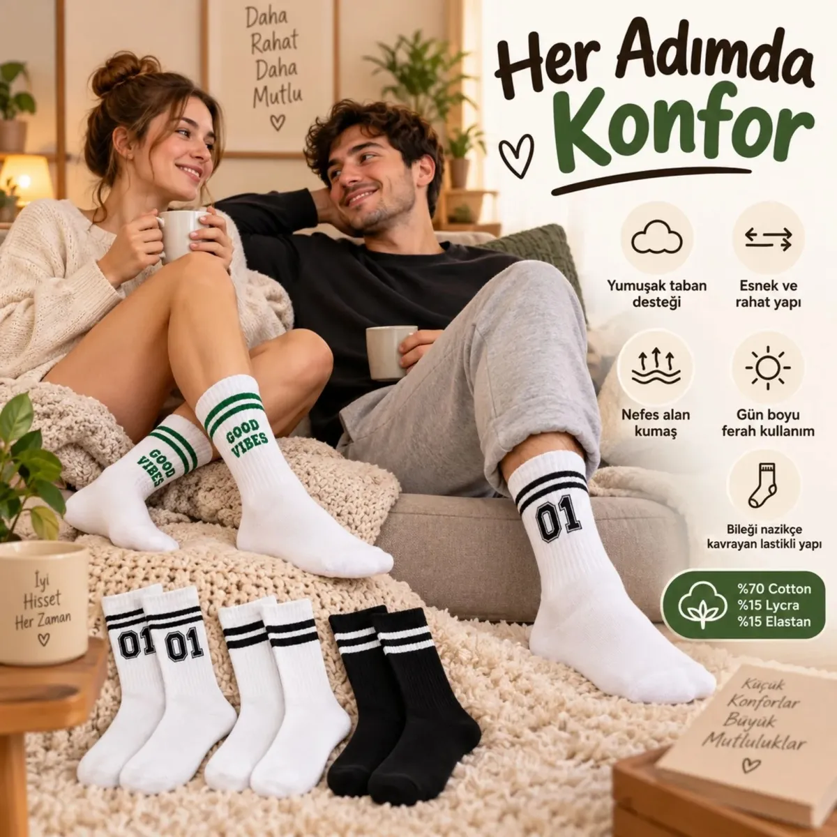 Unisex Çorap Çizgili 4'lü Set 07 Good Vibes Yazılı Siyah Beyaz Uzun Soket Spor Kolej Stil Rahat Şık görseli