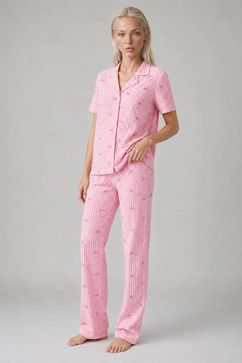 Ekose Fiyonk Desenli Kısa Kollu Pijama Takımı Kadın Düğmeli Uzun Alt Pembe Pijama Takımı 4633 görseli