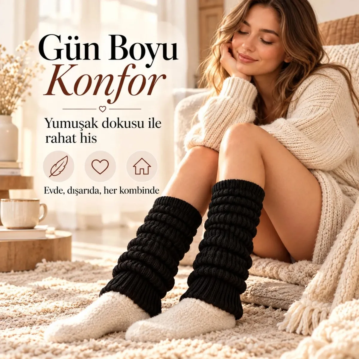 Kadın Siyah Fitilli Örgü Tozluk 3'lü Seti | %97 Pamuk %3 Polyester Büzgülü Uzun Kışlık Bacak Isıtıcı görseli