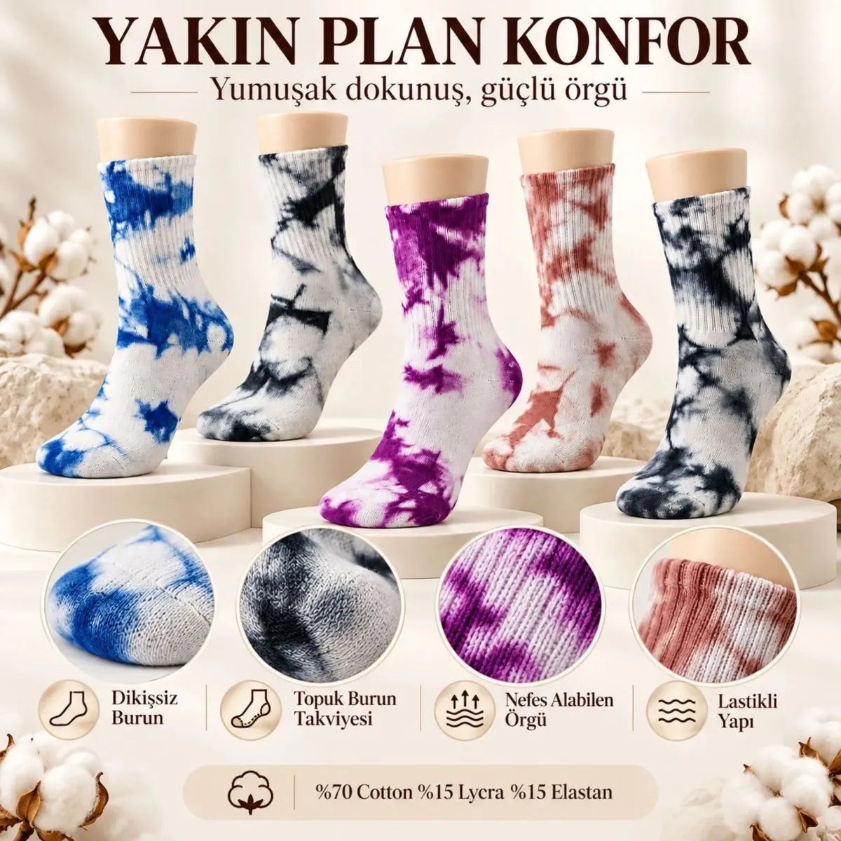 Unisex Batik Desenli Çorap 10'lu Pamuklu Renkli Uzun Soket Dikişsiz Nefes Alan Günlük Spor Çorabı görseli