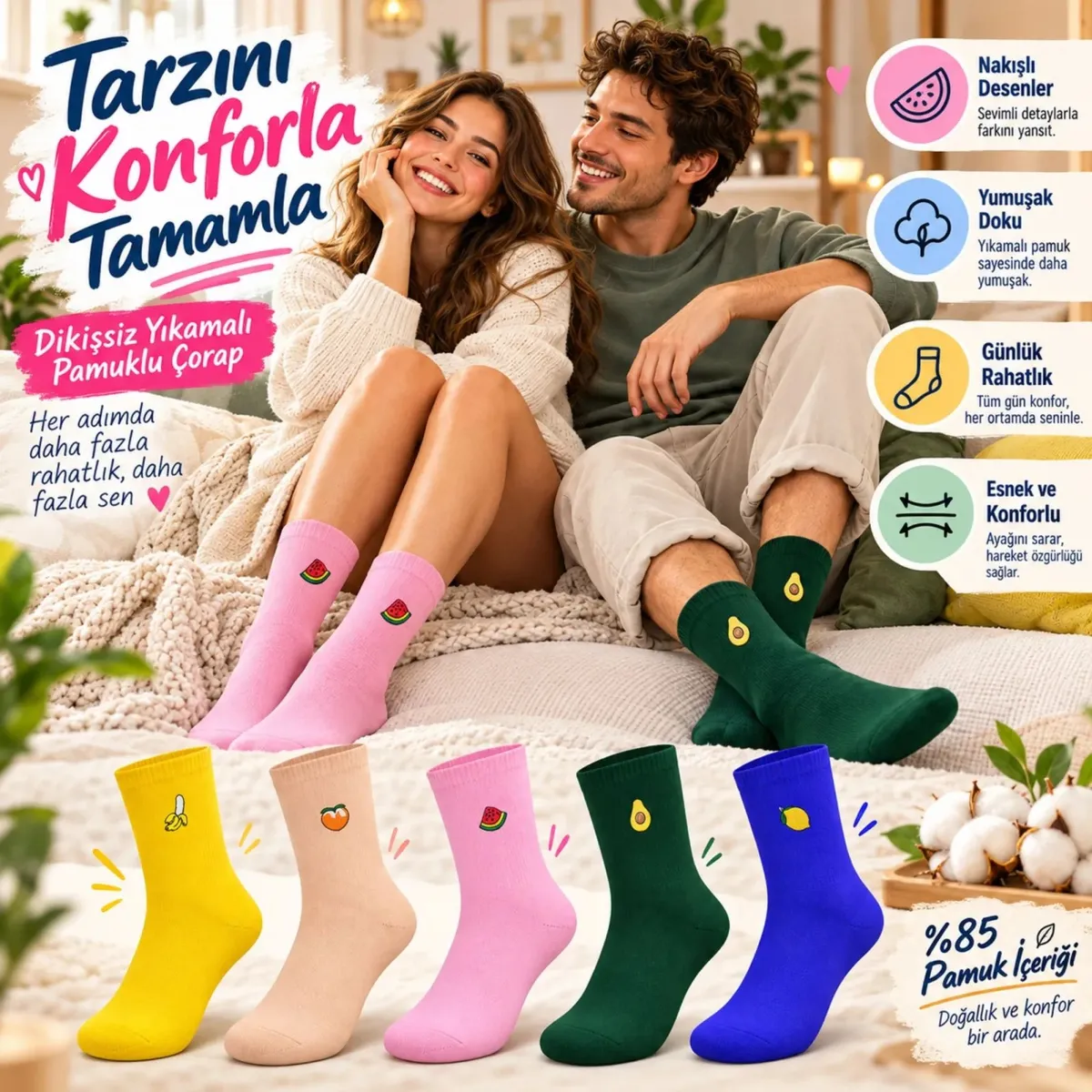 Kadın Meyve Nakışlı Soket Çorap 10'lu Set | Renkli Muz Karpuz Avokado Limon Desenli Şık Günlük Çorap görseli